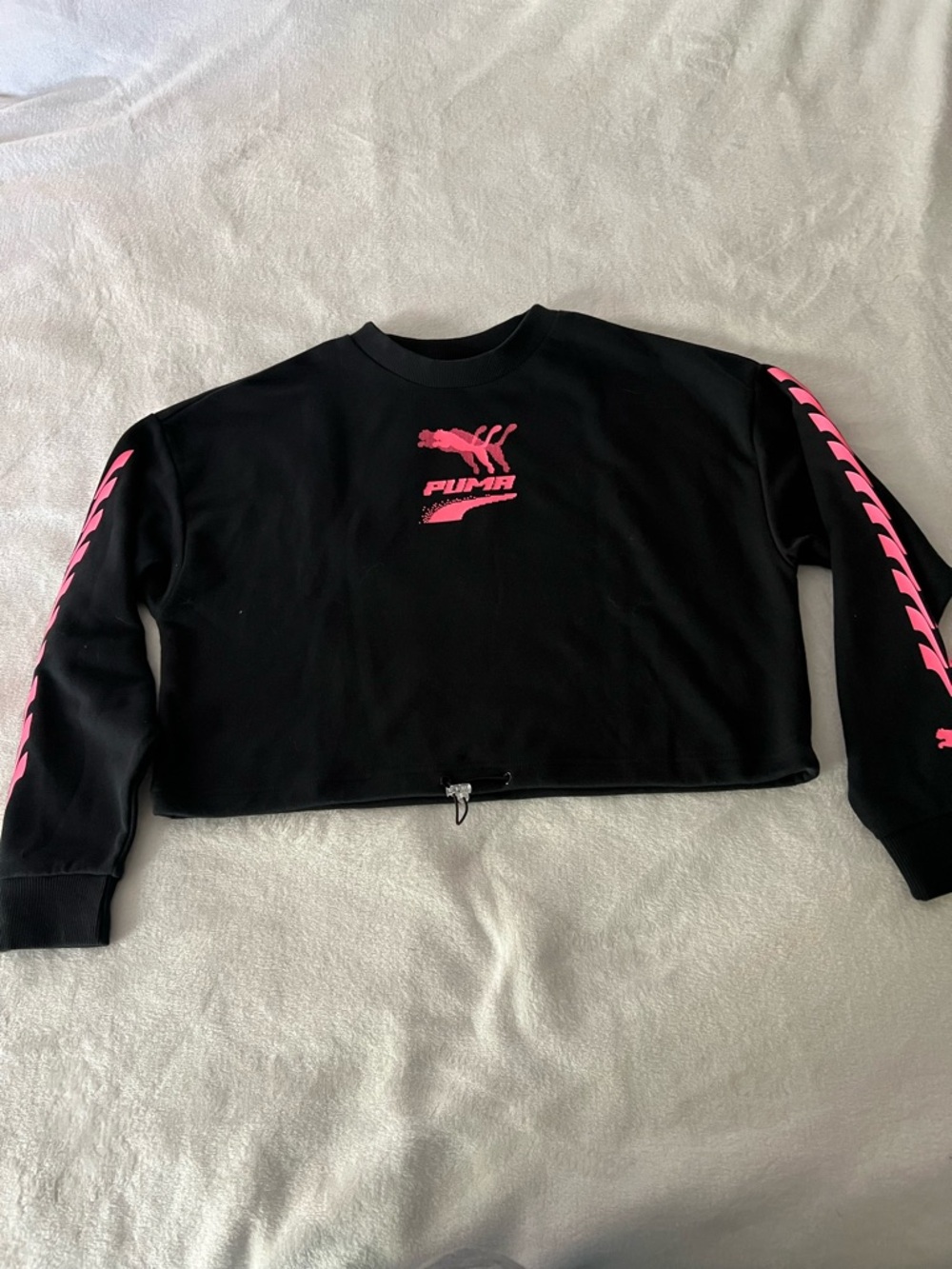 Puma Black Cropped Sweatshirt with Hot Pink Logo and Sleeve Stripes